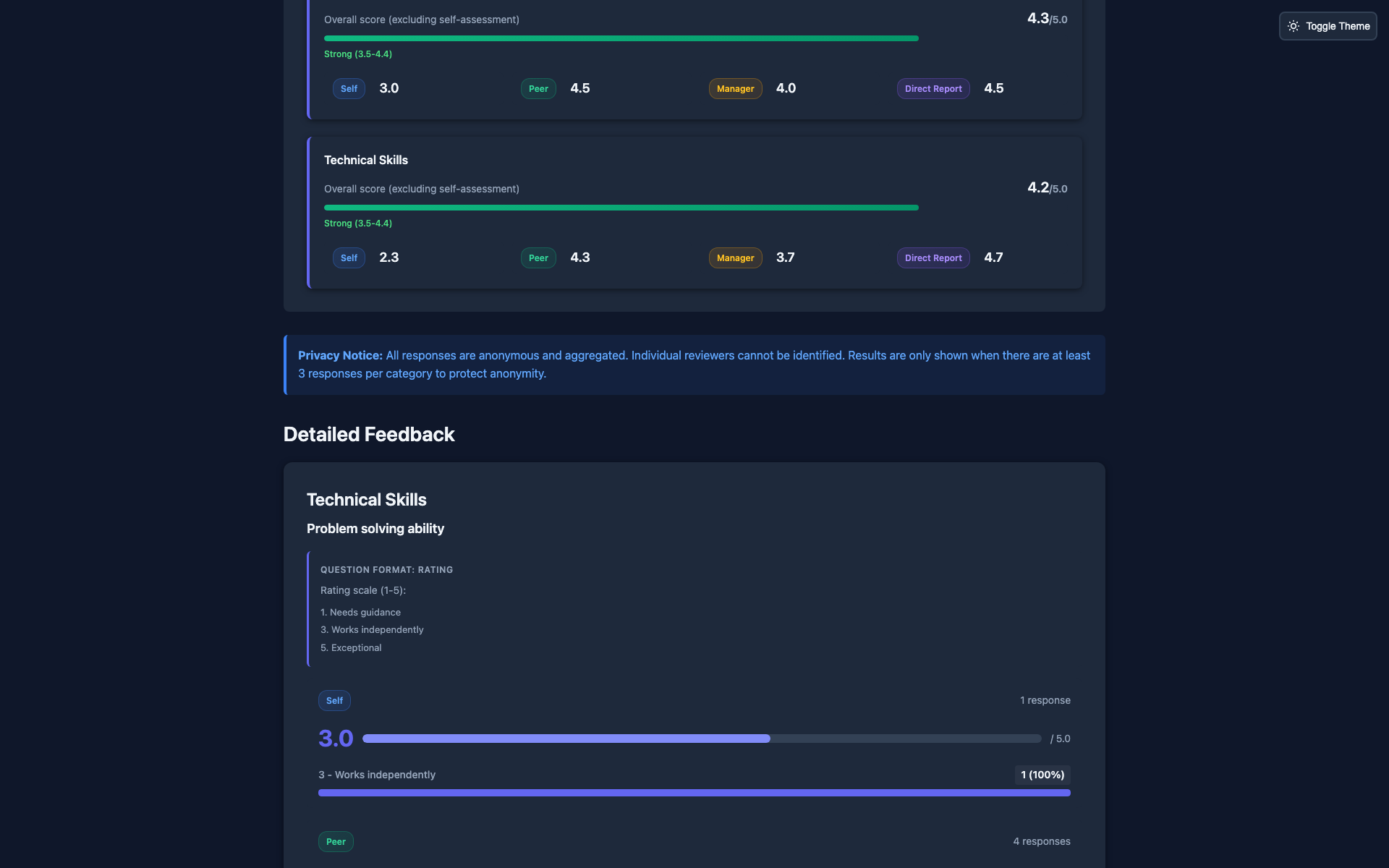 Simple 360 degree feedback detailed view in dark mode with lightweight question responses